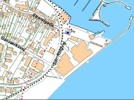 Kort over Sæby havn med den oprindelige kystlinie markeret
